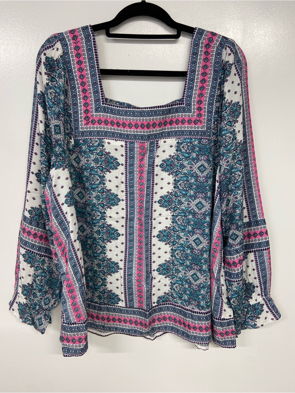 Lane Bryant Boho Square-Neck Peasant Blouse - White with Teal & Pink Print 14/16